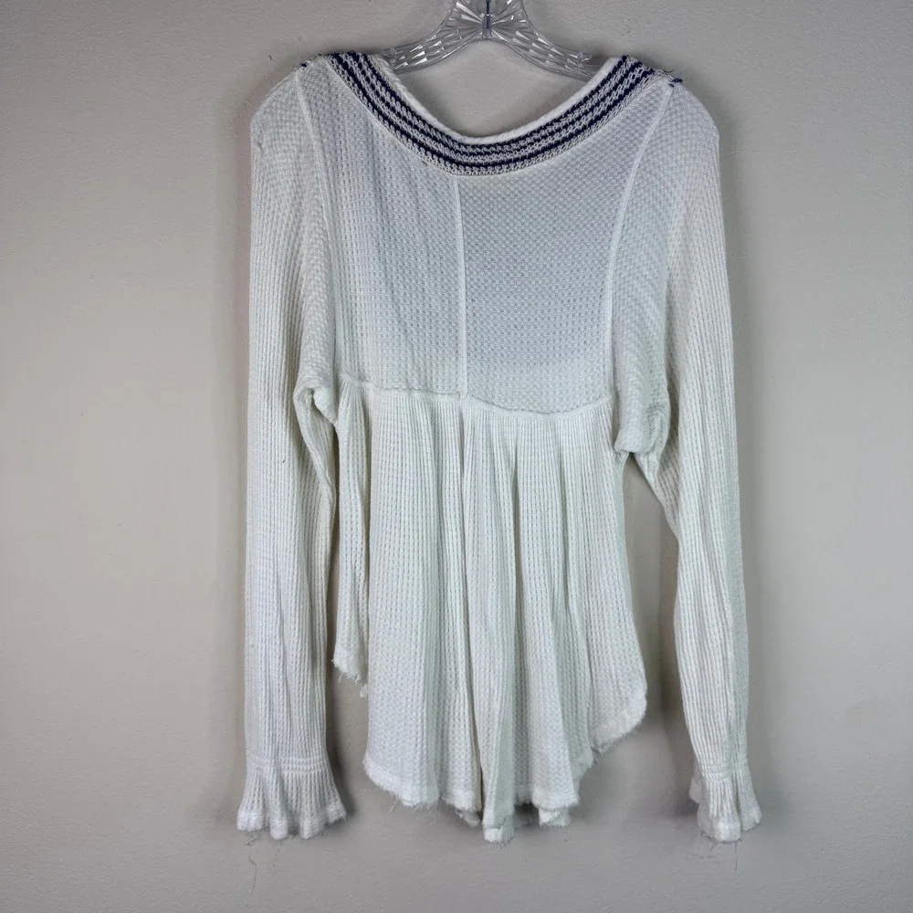 Free People Top Womens Small White Crochet Embroidered Waffle Knit Ruffle Boho